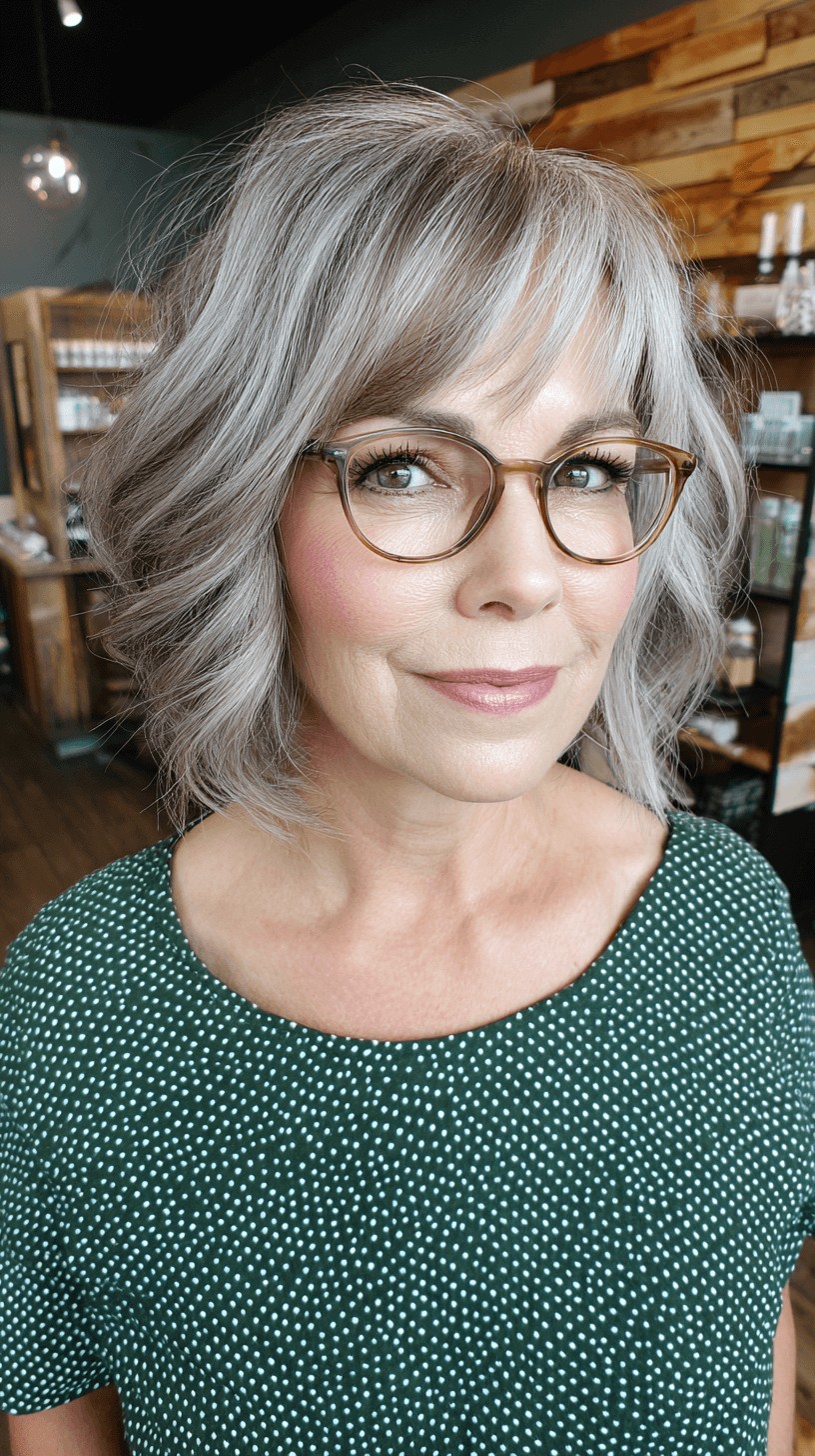 Chic Feathered Bob with Light Gray Highlights