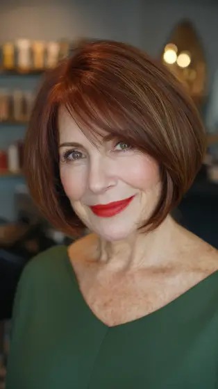 Chic Layered Oval Bob with Rich Auburn Highlights