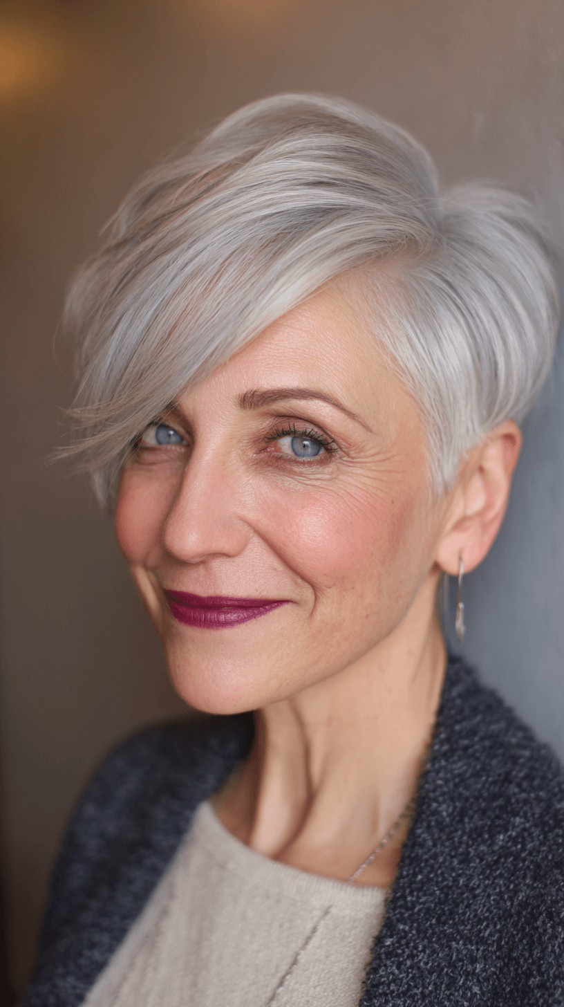 Chic Silver Side-Swept Pixie with Textured Layers