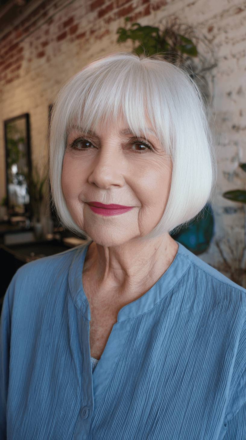 Chic Sleek White Bob with Soft Straight Bangs