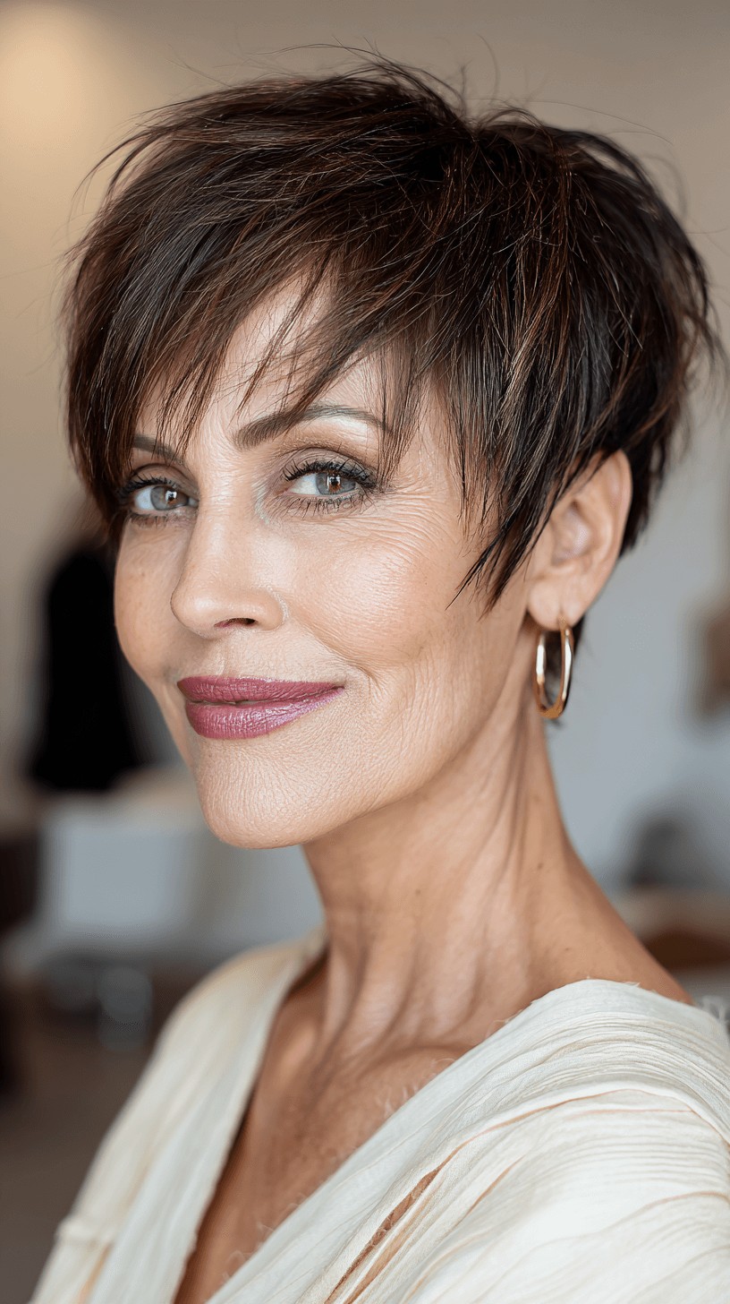 Chic Textured Dark Brown Pixie Cut with Subtle Highlights