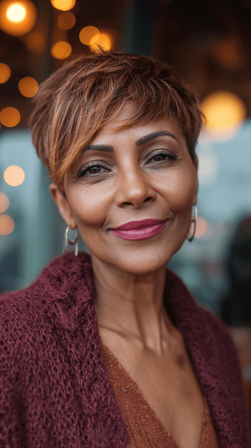 Chic Textured Side-Swept Pixie with Warm Highlights