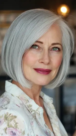 Classic Silver Oval Bob with Soft Textured Layers