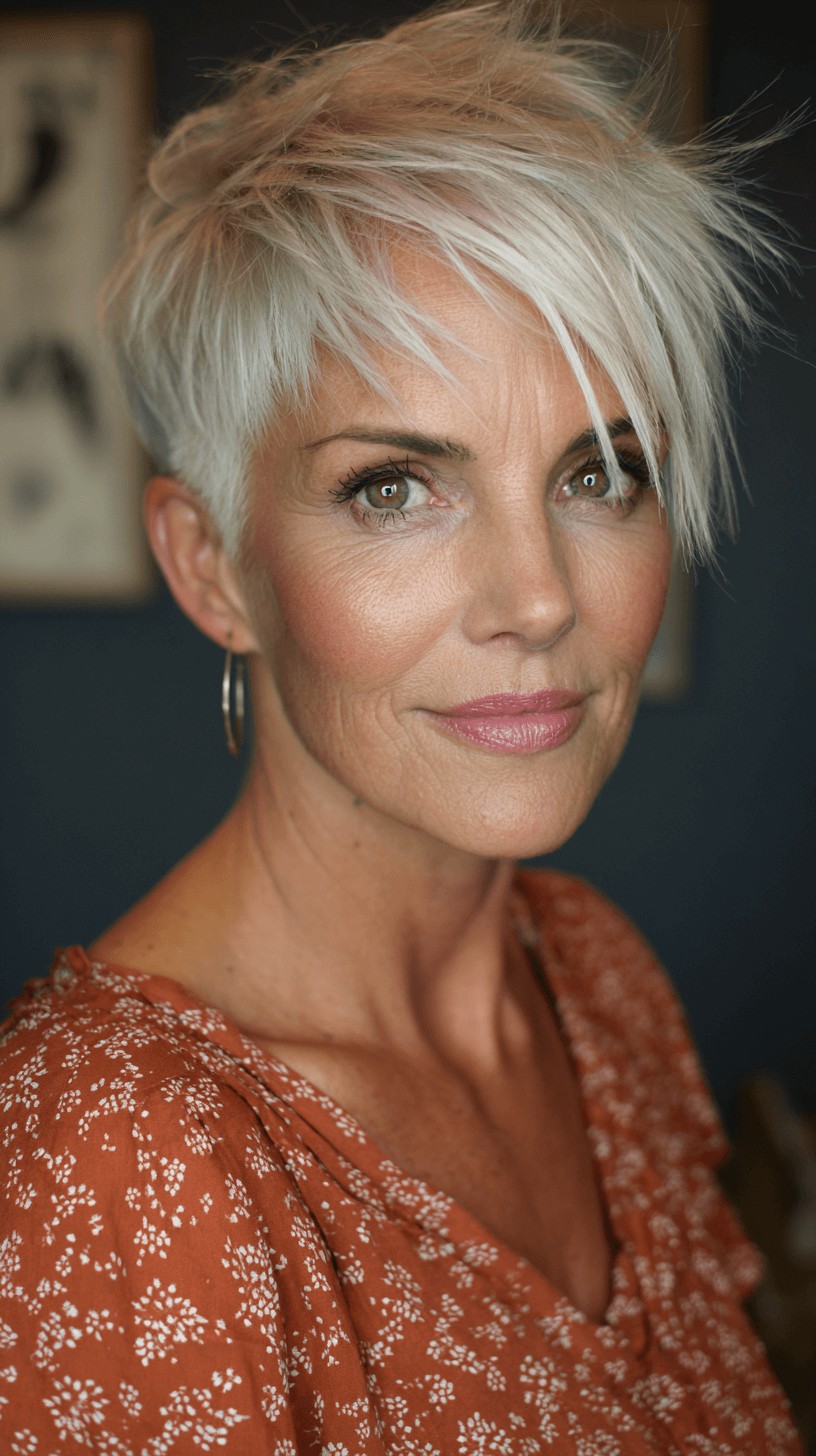 Edgy Textured Platinum Pixie Cut with Wispy Layers