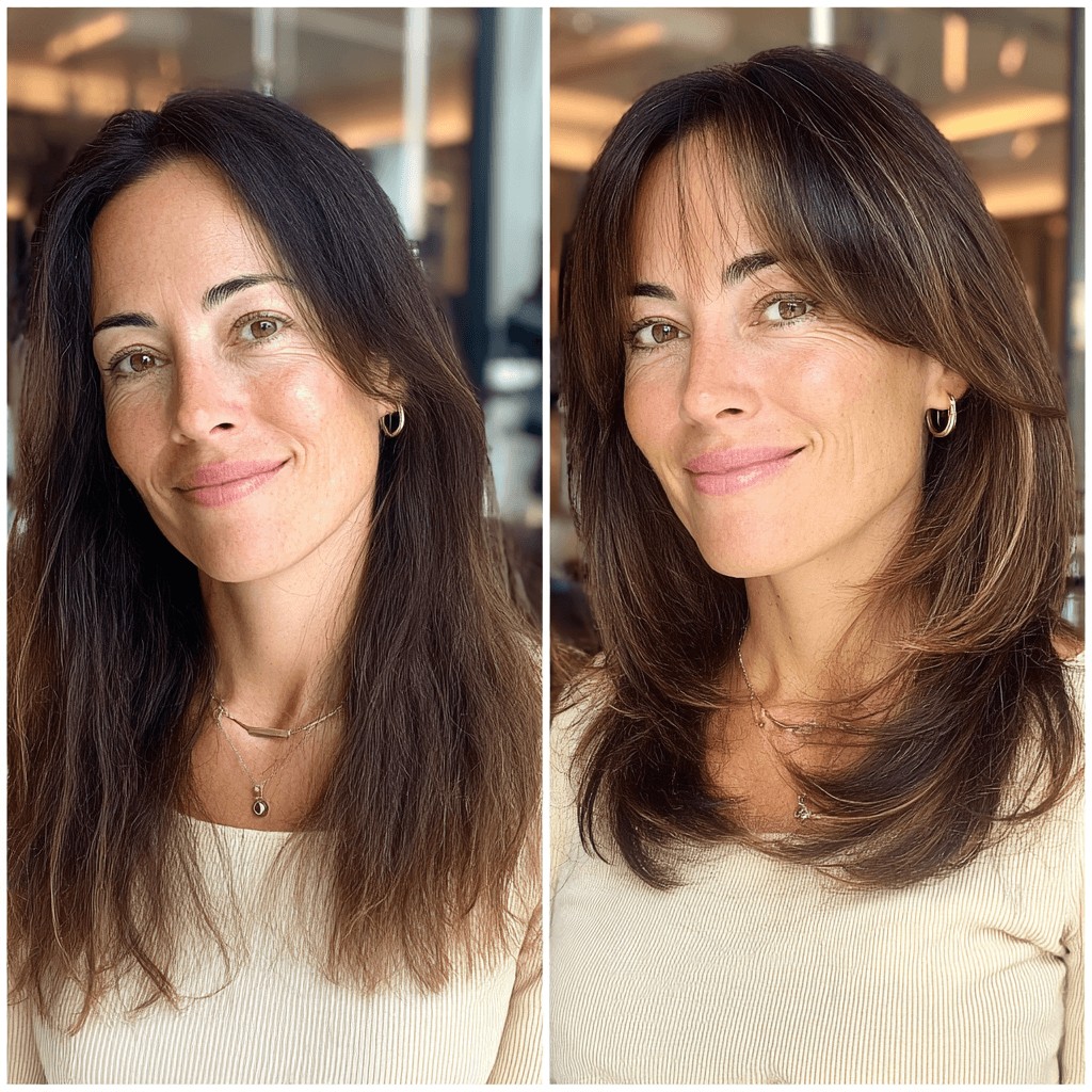 Elegant Dark Brown Layered Cut with Subtle Face-Framing Bangs