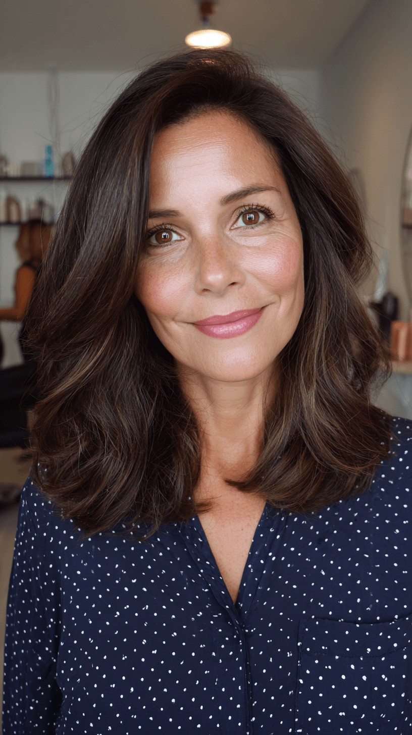 Elegant Dark Brown Layered Lob with Subtle Movement