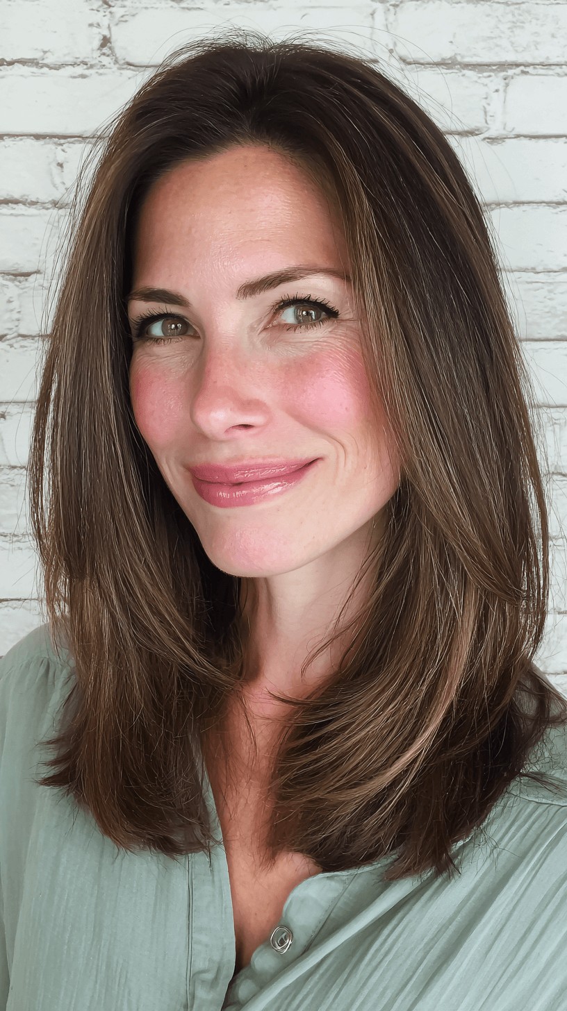 Elegant Dark Brown Long Layers with Subtle Face-Framing Highlights