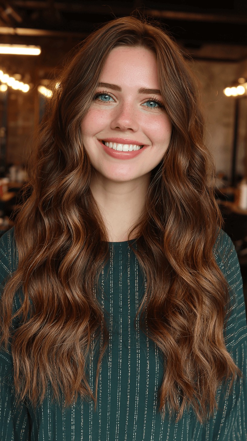 Elegant Long Layered Waves with Glossy Finish