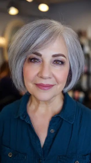Elegant Silver Oval Bob with Soft Layers