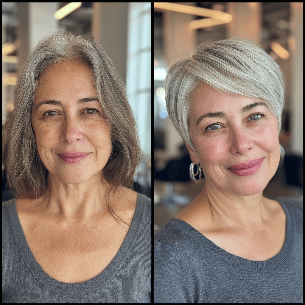 Elegant Silver Side-Swept Pixie with Soft Layers