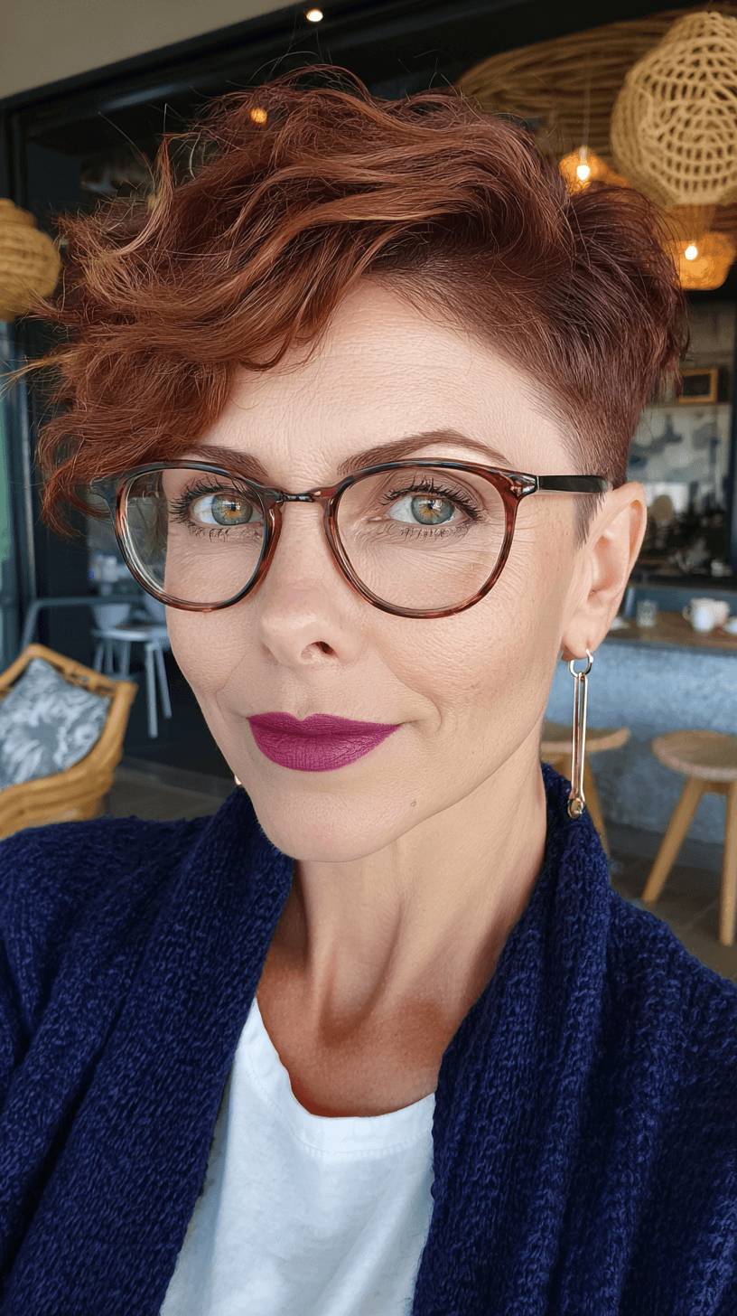 Playful Curly Pixie Cut with Rich Auburn Tones