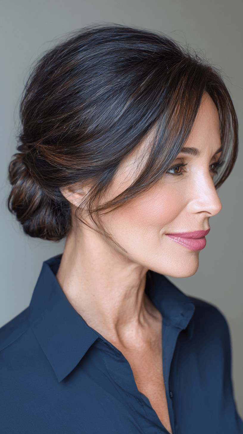Sleek Low Chignon with Soft Face-Framing Layers