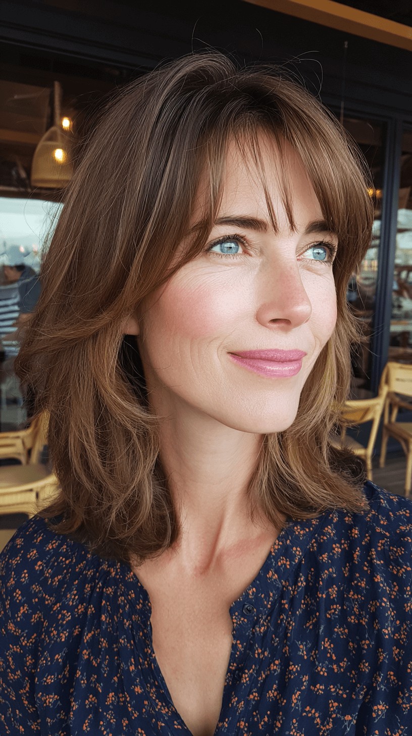 Soft Brown Layers with Face-Framing Bangs