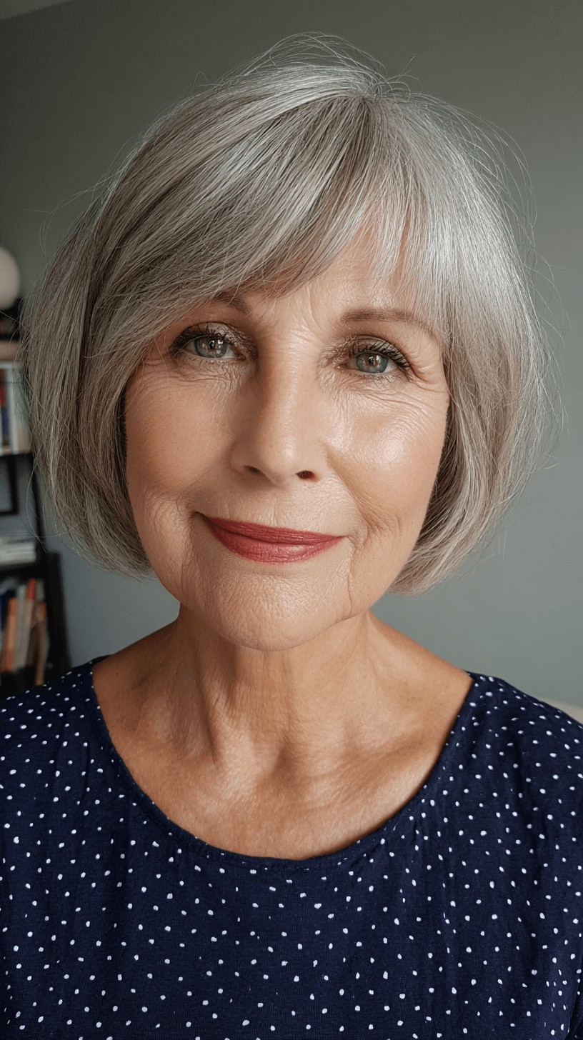 Softly Layered Silver Oval Bob with Gentle Side Bangs