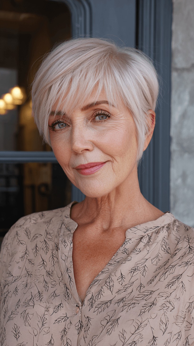 Softly Textured Platinum Pixie with Side-Swept Bangs