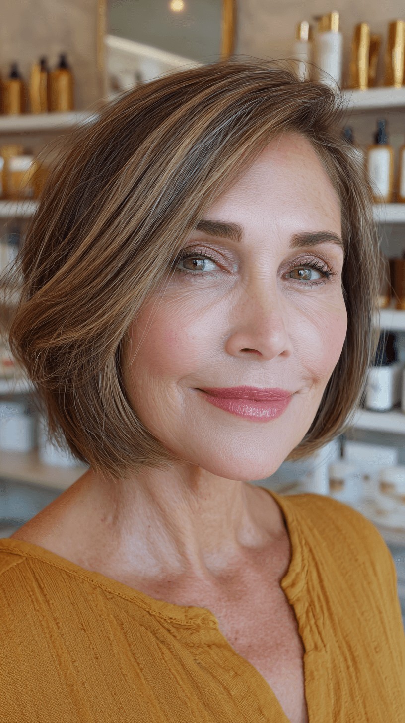 Stylish Shoulder-Length Angled Bob with Soft Caramel Highlights