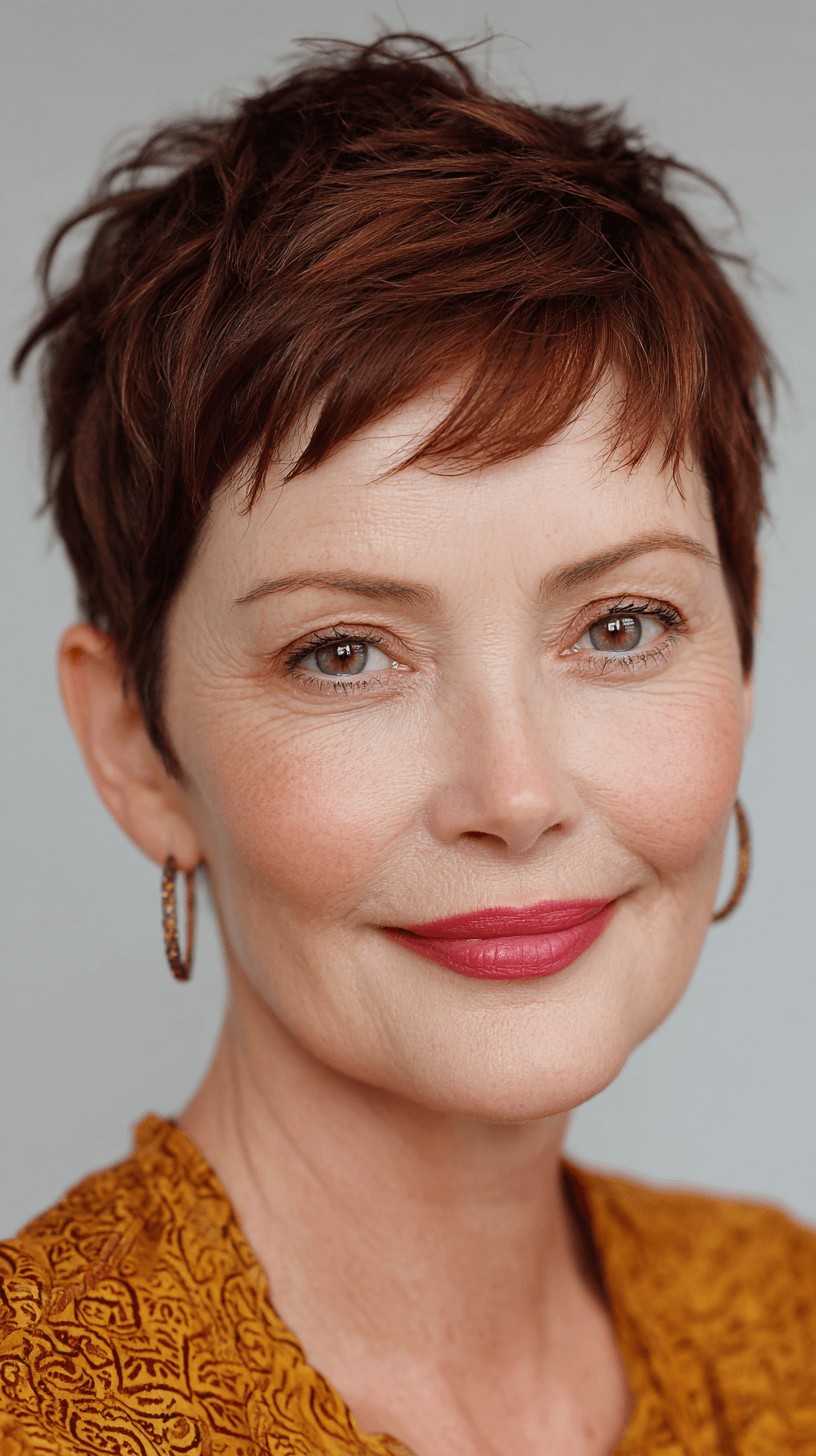 Textured Copper Pixie with Side-Swept Bangs