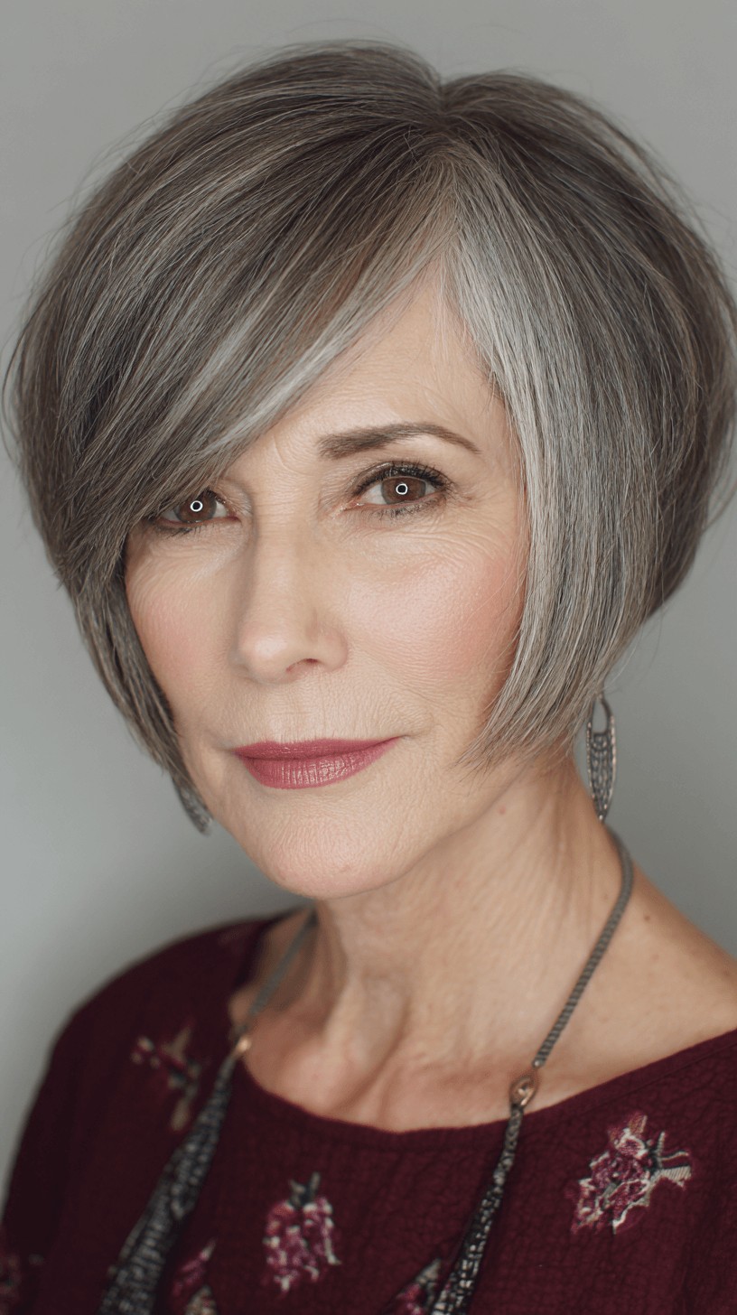 Textured Gray Oval Bob with Side-Swept Bangs