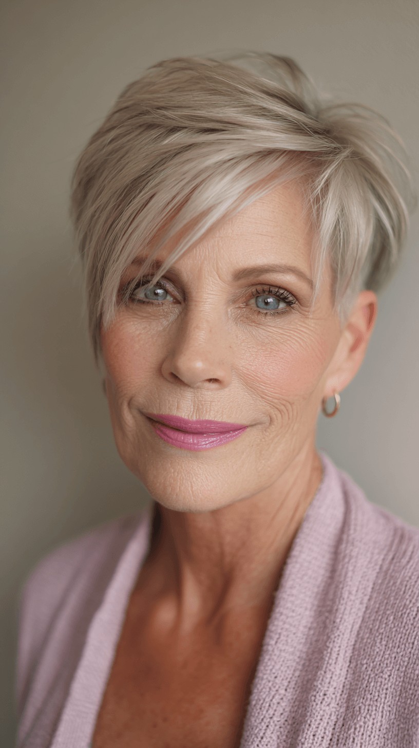 Textured Light Silver Pixie with Long Side Bangs