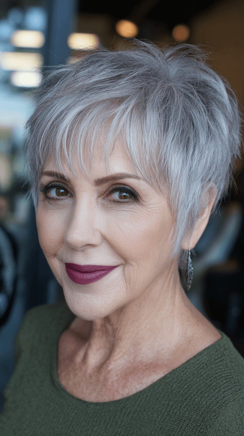 Textured Silver Pixie Cut with Wispy Bangs