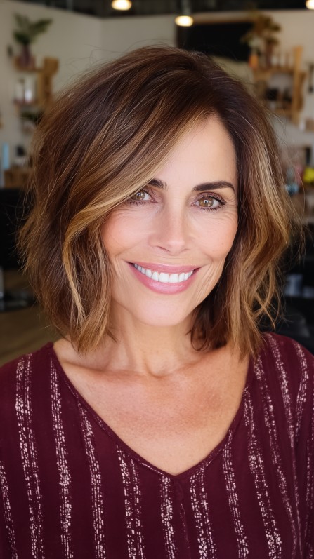 Beautiful Textured Shoulder-Length Bob with Warm Highlights
