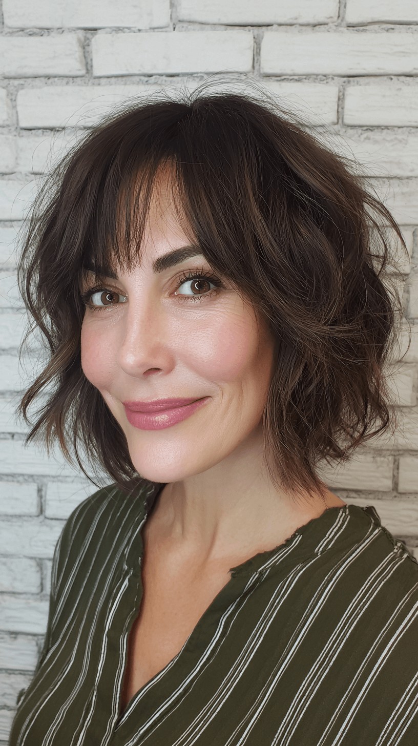 Chic Textured Shaggy Bob with Soft Bangs