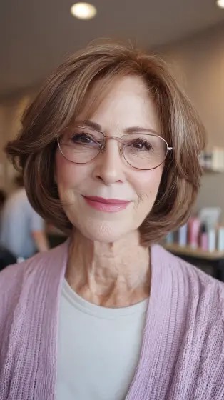 Softly Layered Warm Brown Bob with Gentle Waves