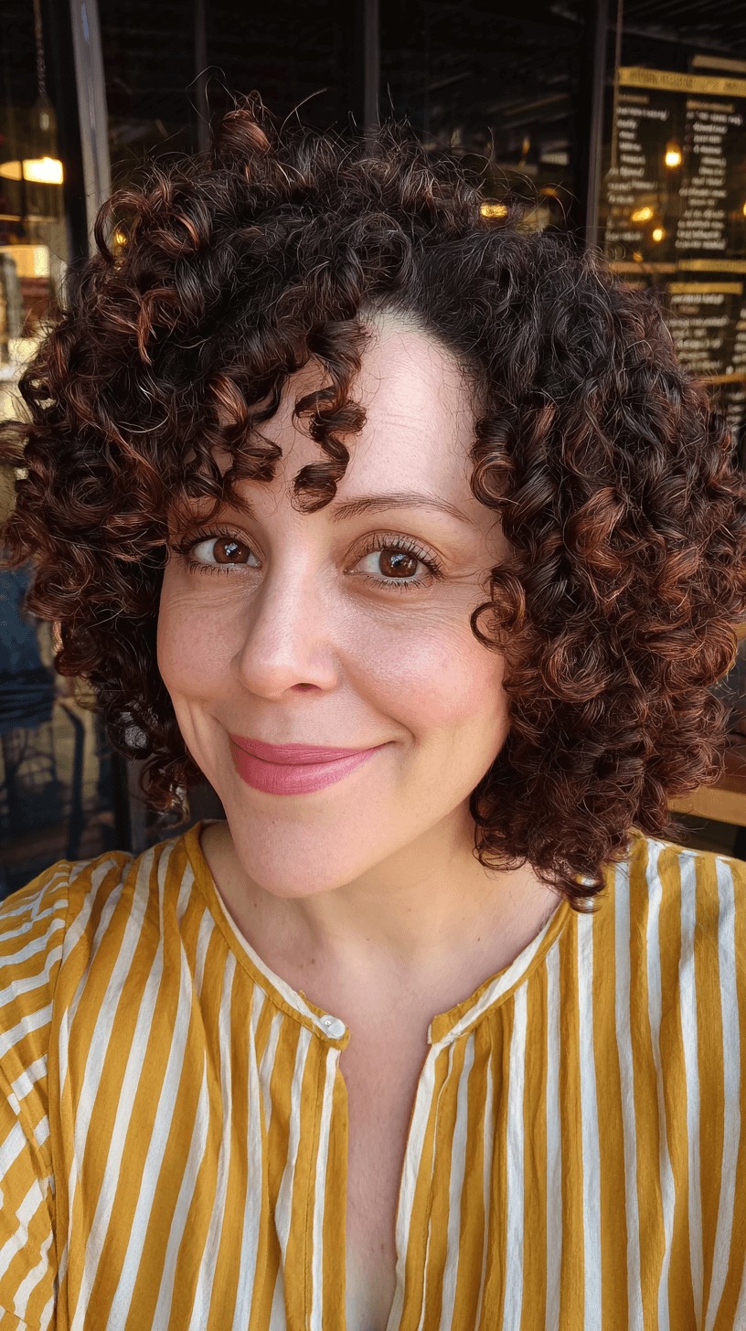Stylish Curly Bob with Rich Auburn Highlights