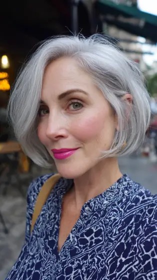 Stylish Soft Silver Bob with Wispy Layers