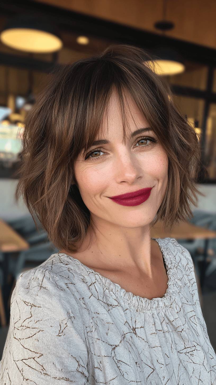 Textured Chestnut Bob with Soft Long Bangs