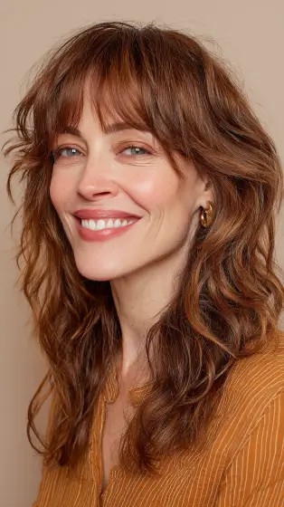 Textured Shoulder-Length Waves with Soft Bangs