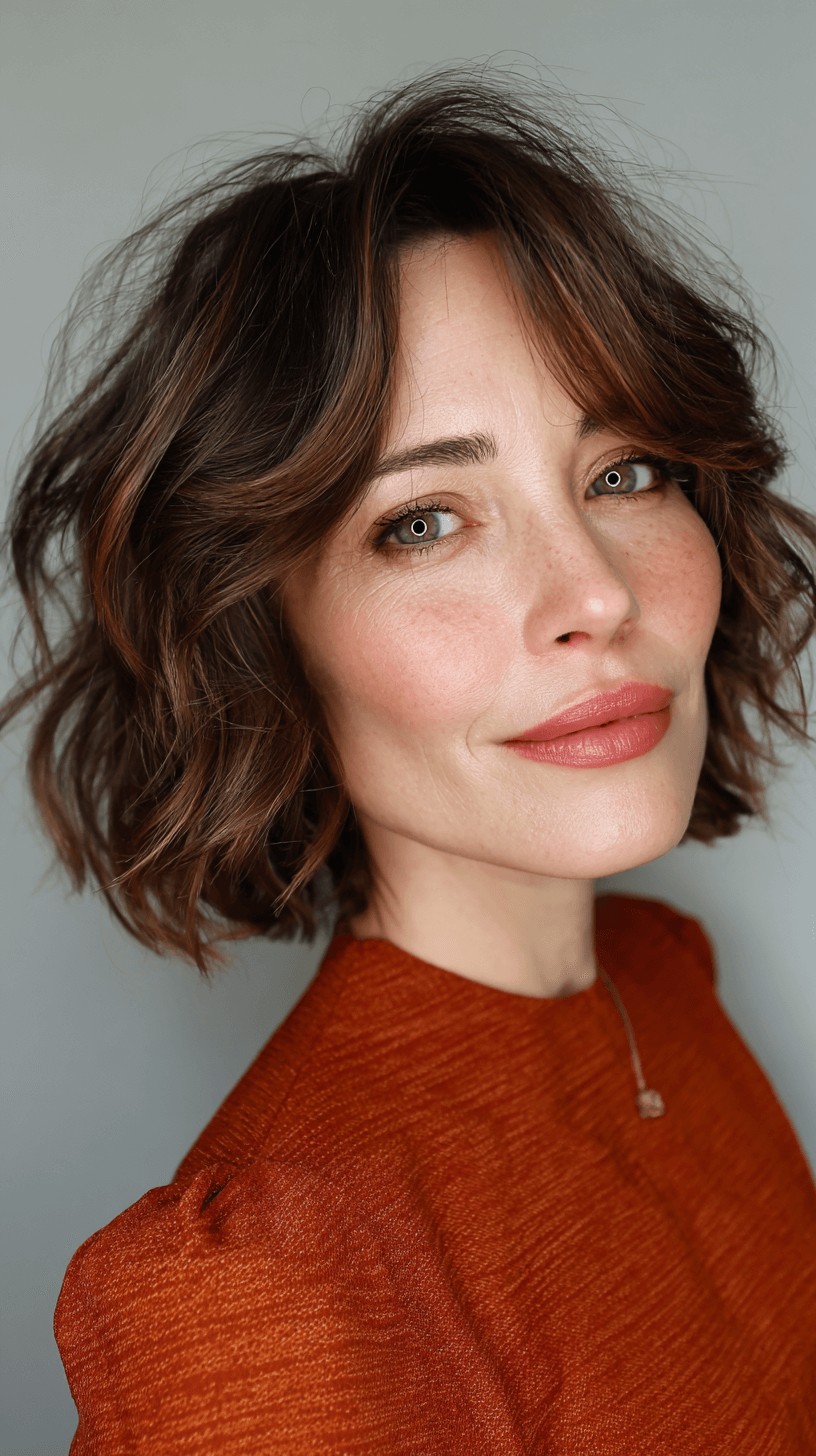 Textured Wavy Bob with Rich Chestnut Tones