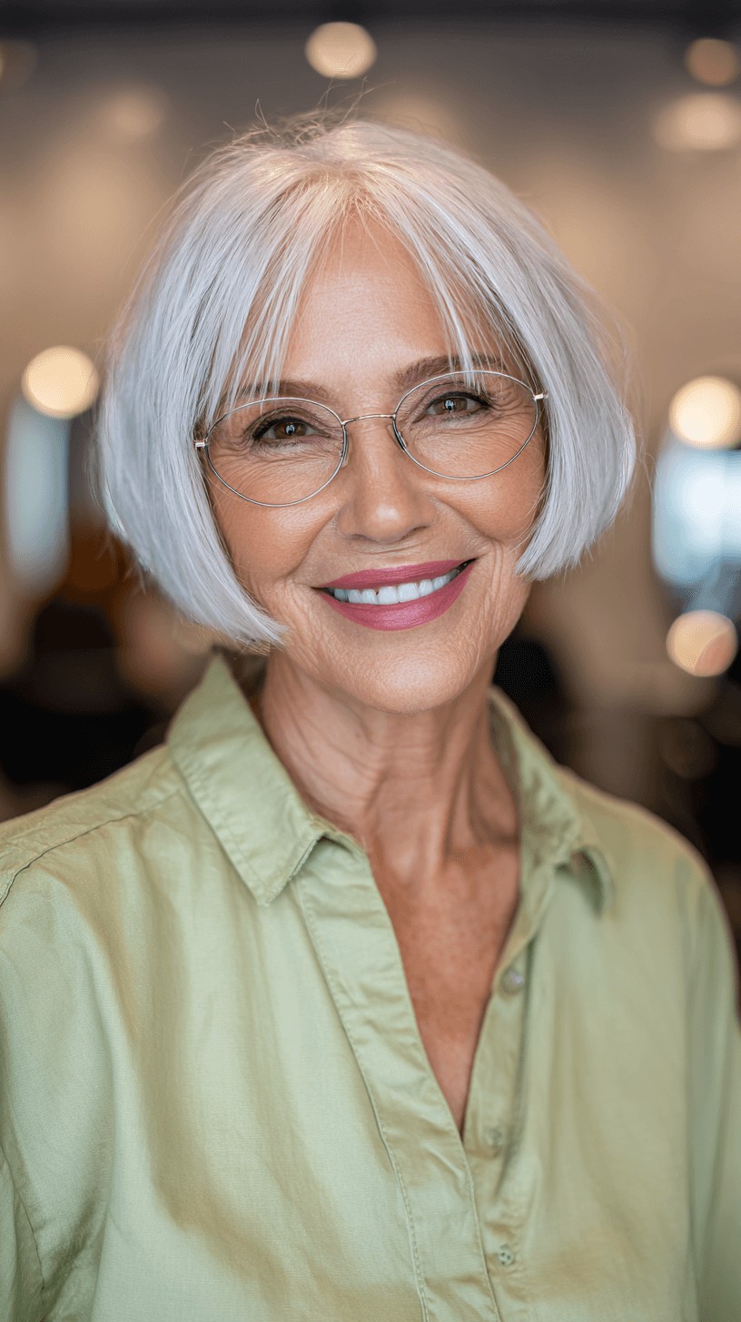 Chic Layered Silver Bob with Wispy Bangs