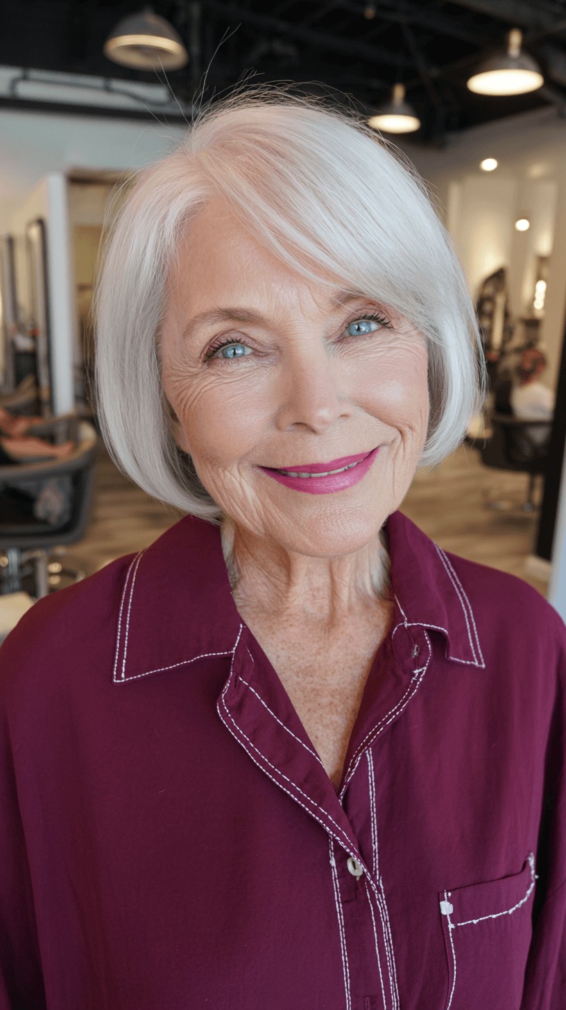 Chic Softly Layered Silver Bob with Side-Swept Bangs