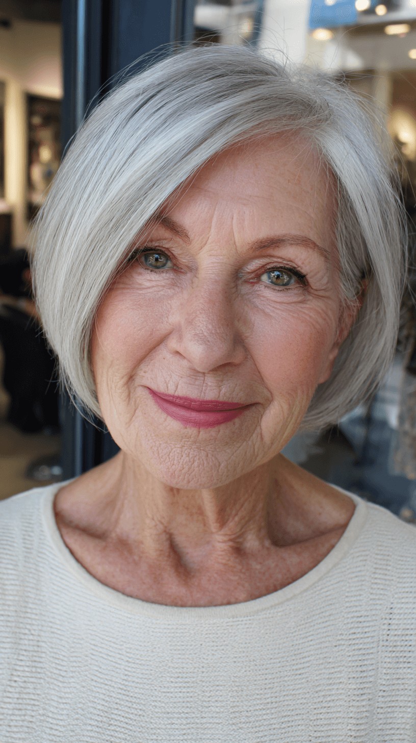 Stylish Softly Layered Silver Bob with Side-Swept Bangs