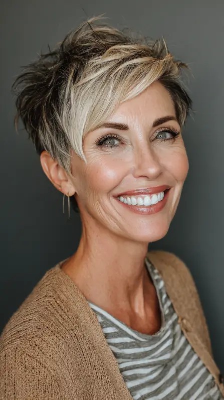 Bold Textured Pixie Cut with Light Blonde Highlights