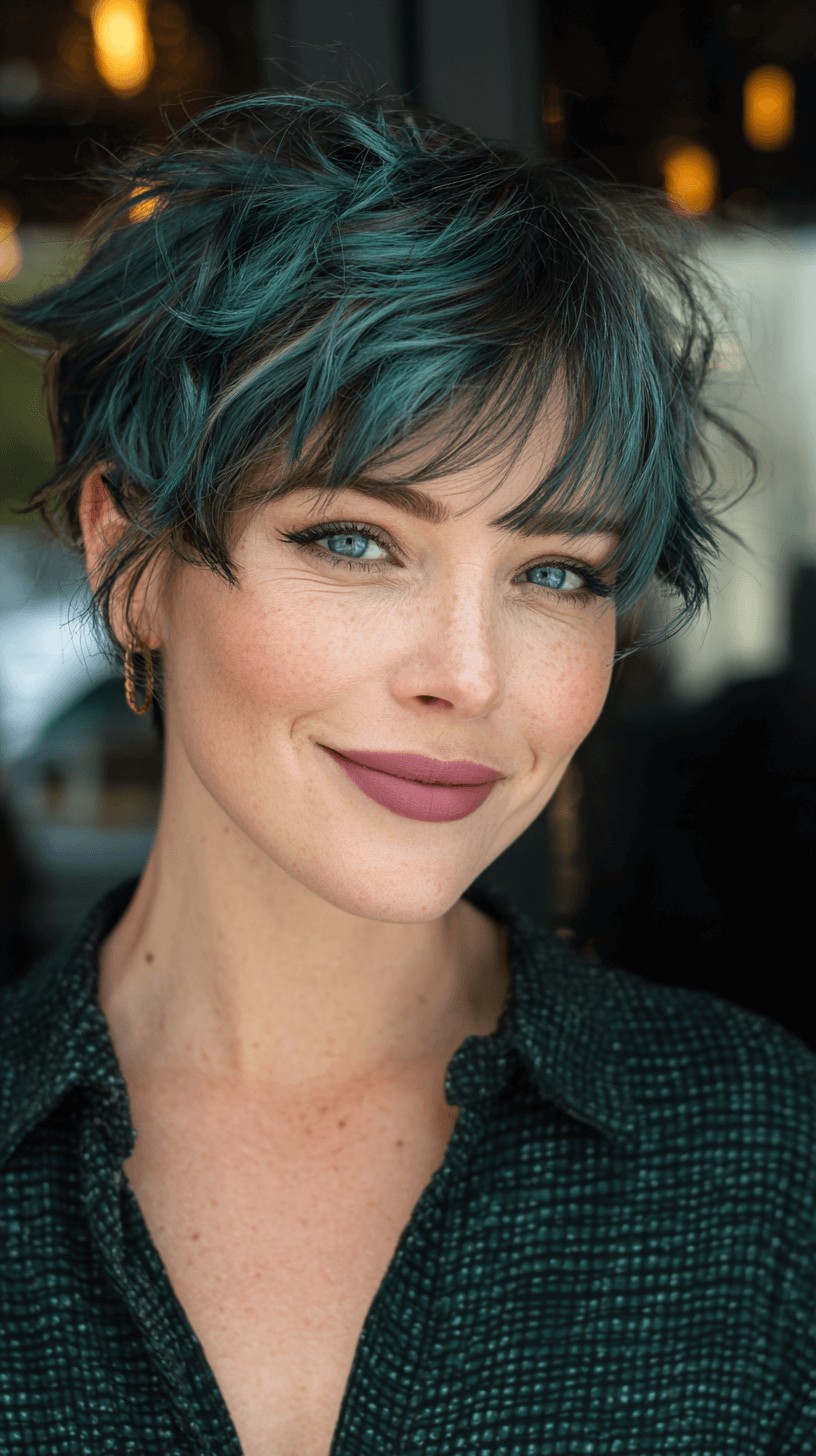 Bold Textured Pixie Cut with Vibrant Teal Highlights