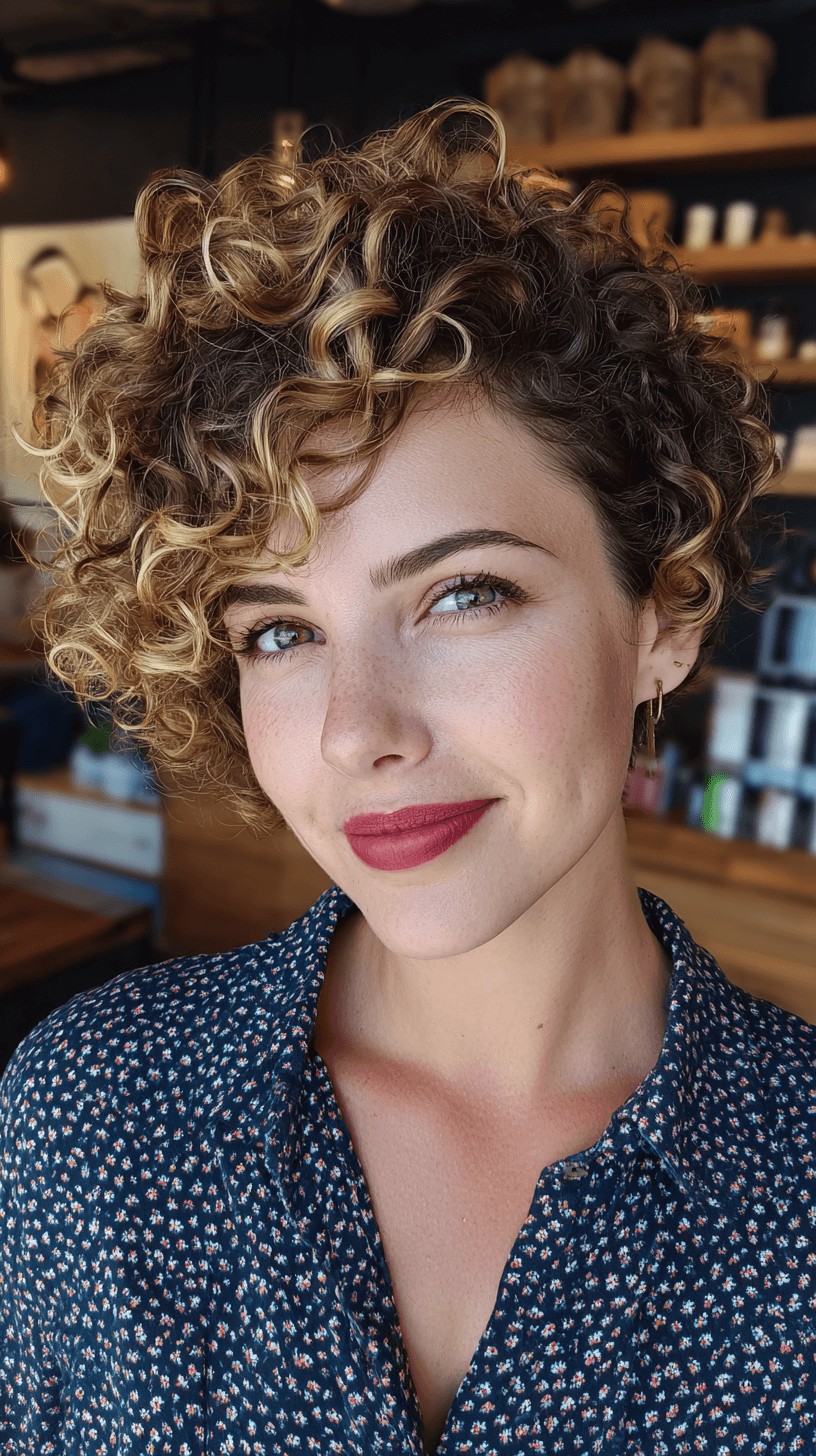 Chic Curly Pixie Cut with Golden Balayage Highlights
