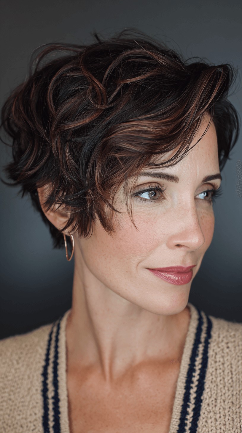 Chic Curly Pixie Cut with Subtle Copper Balayage
