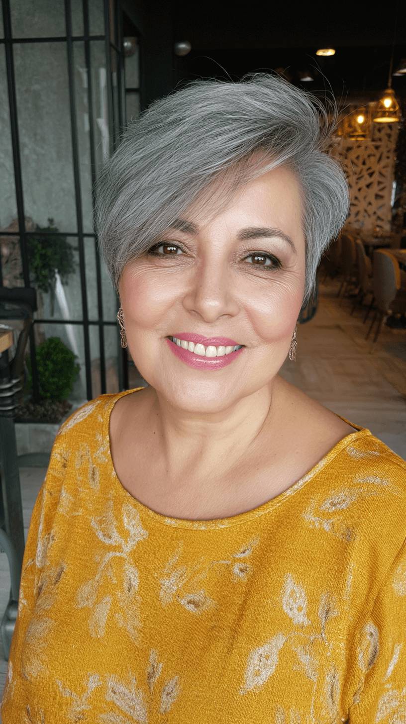 Chic Silver Side-Parted Pixie with Textured Layers