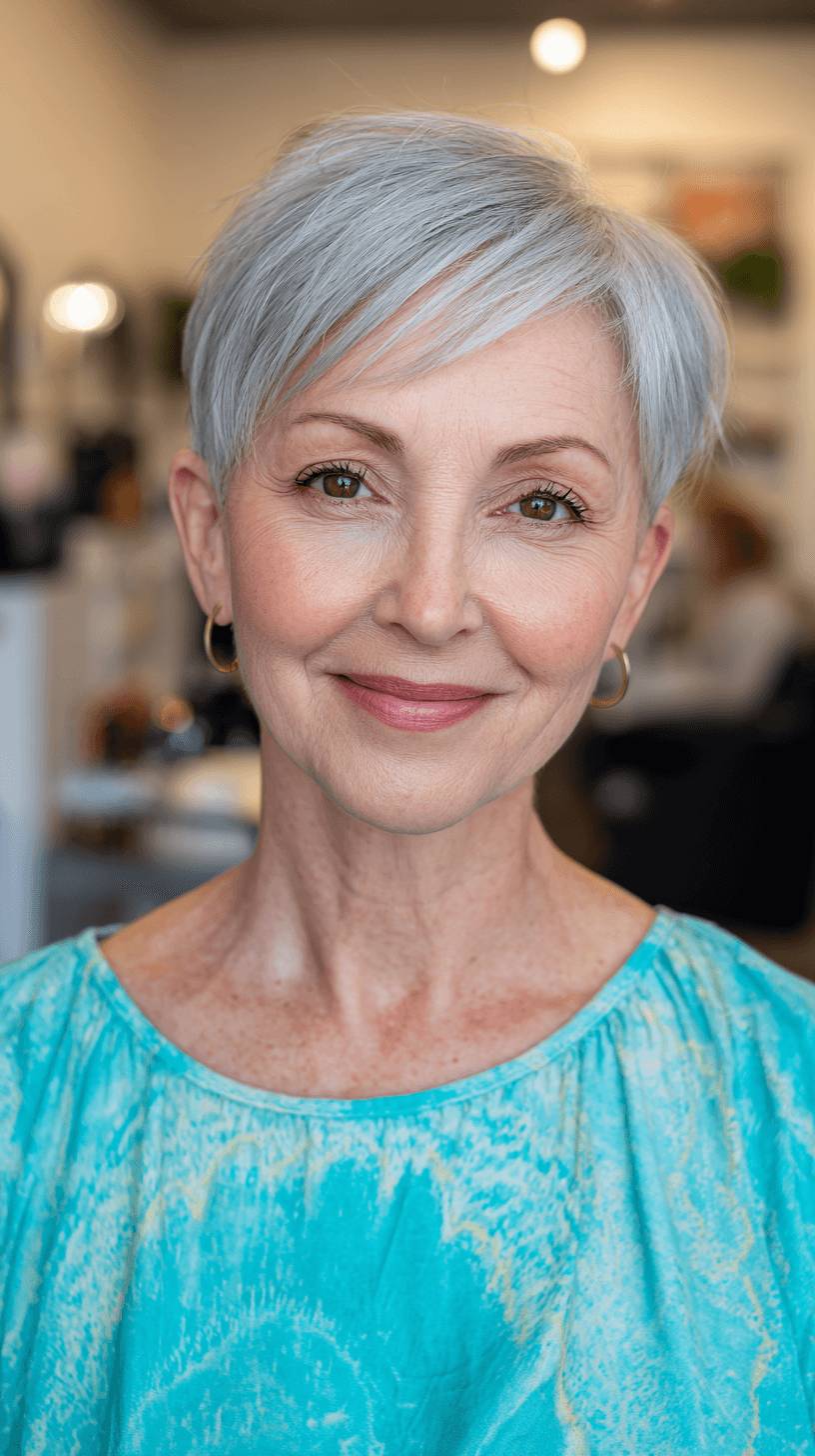 Chic Silvery Side-Parted Pixie Cut with Soft Layers