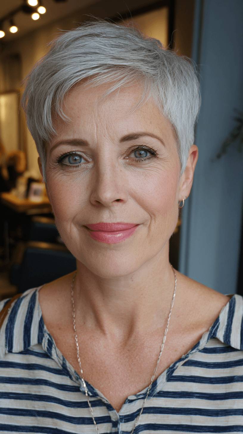 Chic Softly Layered Silver Pixie Cut with Side Part