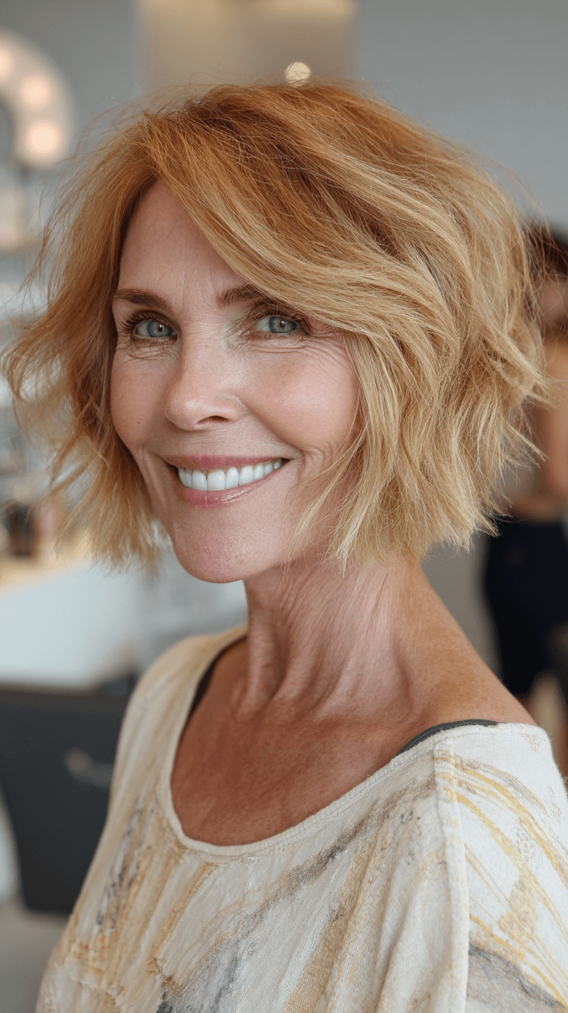 Chic Textured Frayed Bob with Warm Highlights