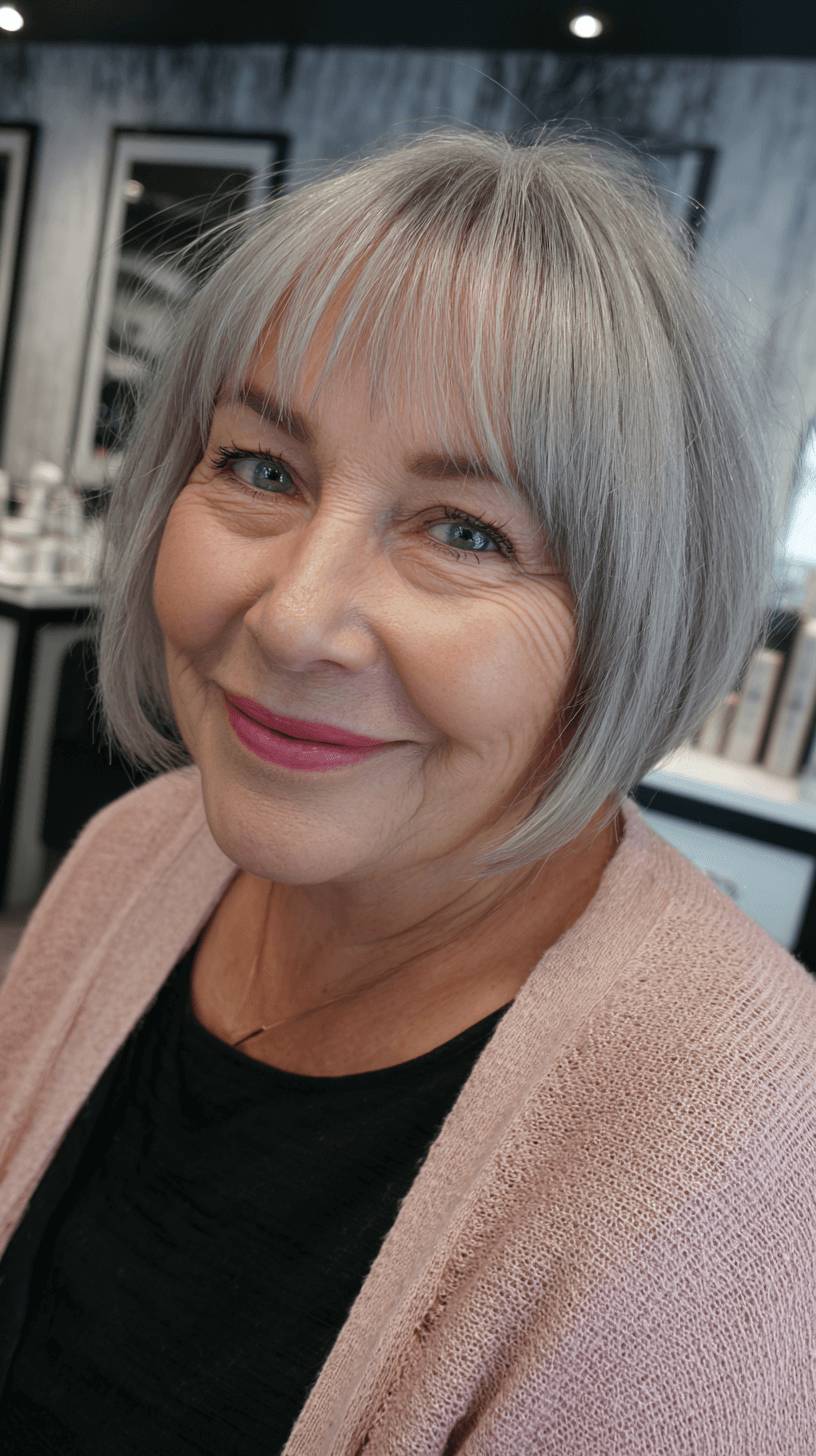 Chic Textured Grey Bob with Soft Bangs