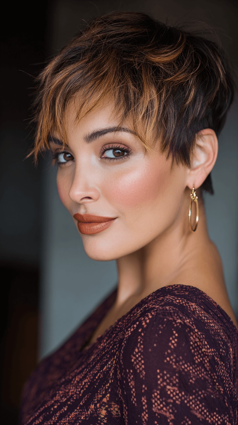 Chic Textured Pixie Cut with Rich Caramel Balayage