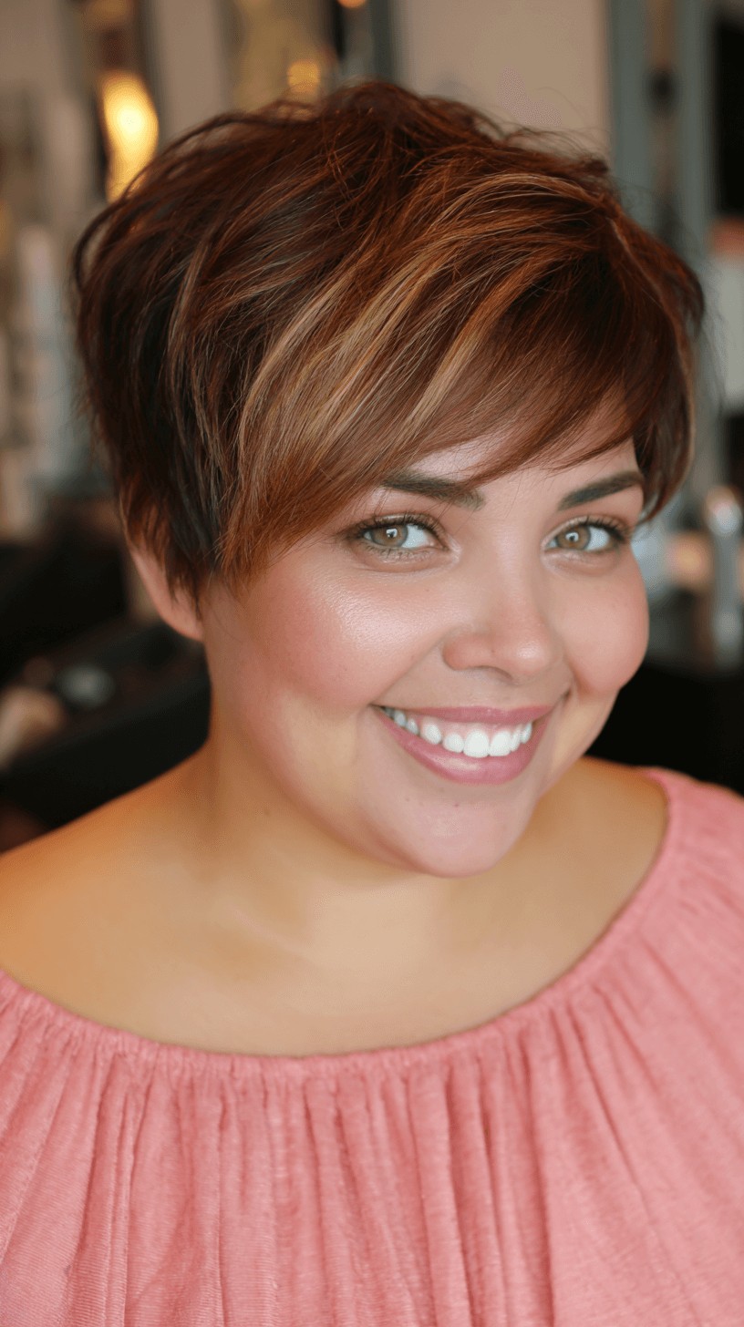 Chic Textured Pixie Cut with Warm Balayage Highlights