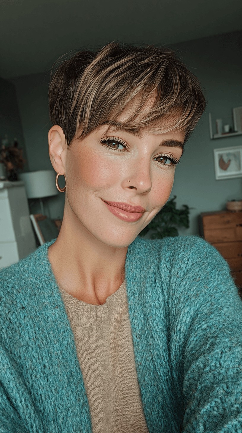 Chic Textured Pixie Cut with Warm Blonde Balayage