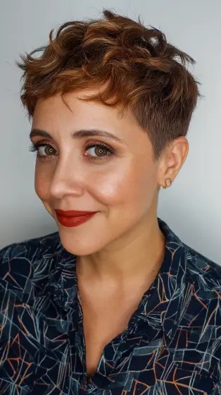 Chic Textured Pixie Cut with Warm Caramel Balayage