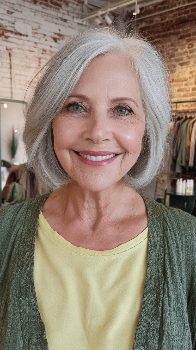 Elegant Soft Gray Lob with Face-Framing Layers
