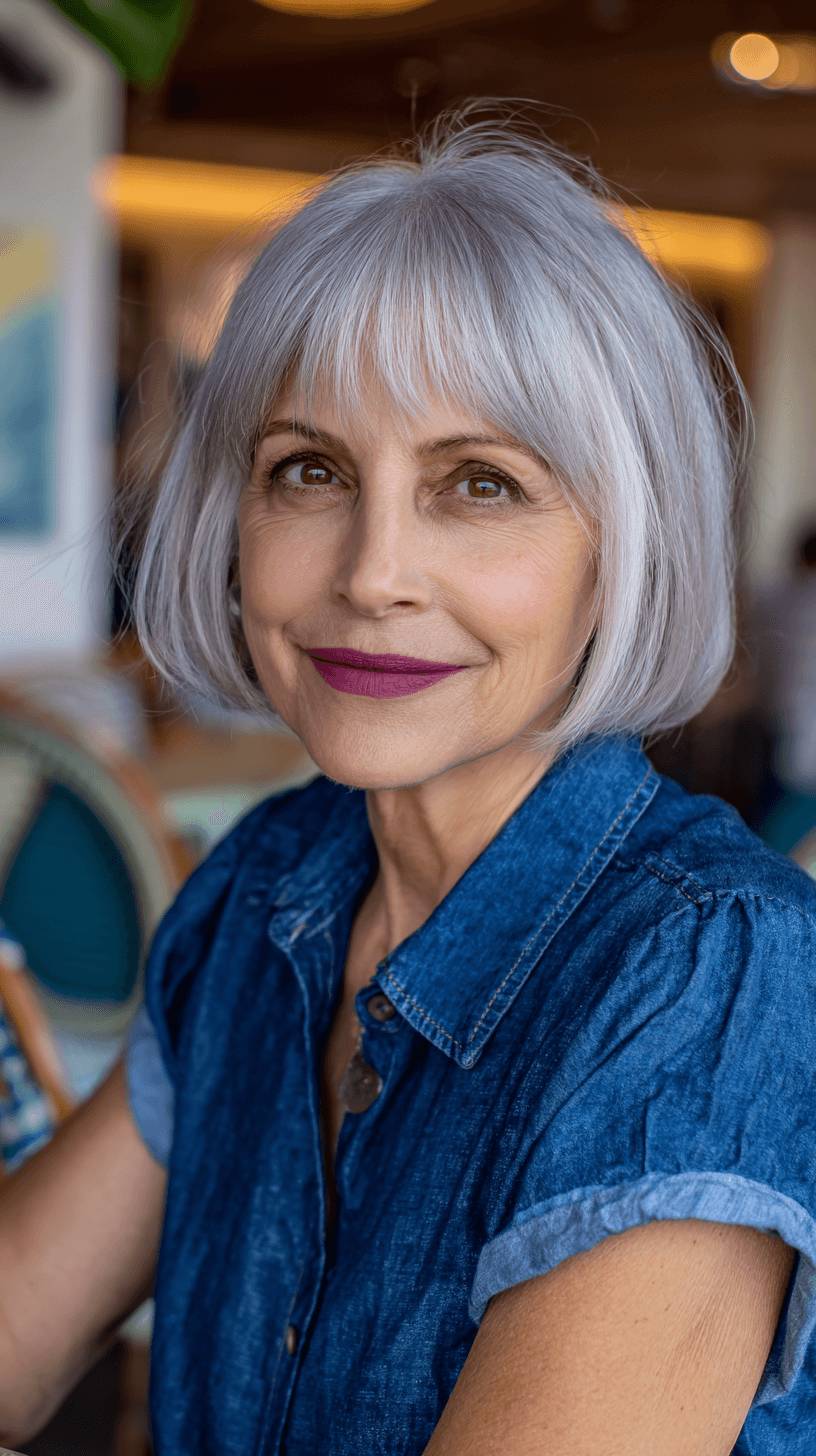Modern Textured Silver Bob with Wispy Bangs